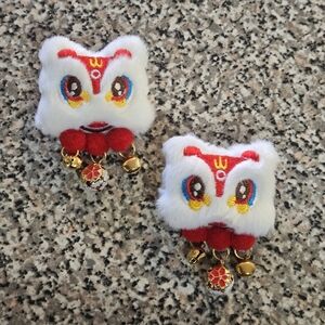 White and Red Embroidered Lion Dance Hair Clips
